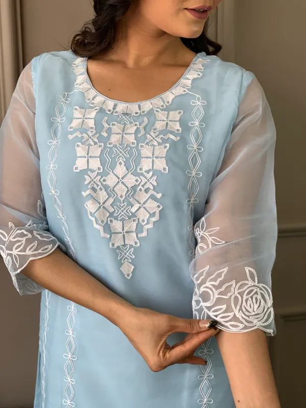 Sky_Blue_Organza_Fabric_Embroidered_Soft_Net_Kurta_Set_For_Women