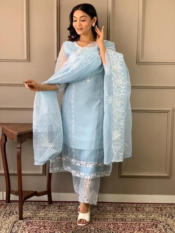 Sky_Blue_Organza_Fabric_Embroidered_Soft_Net_Kurta_Set_For_Women