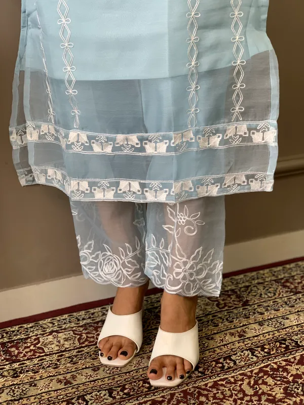Sky_Blue_Organza_Fabric_Embroidered_Soft_Net_Kurta_Set_For_Women