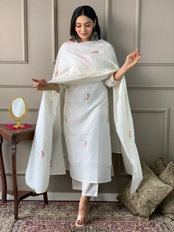 White_Pure_Cotton_Fabric_Thread_Work_Kurta_Set_For_Women