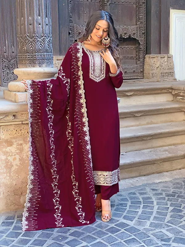 Maroon_Embroide_Viscose_Fabric_Straight_Kurta_Pant_And_Dupatta_Set