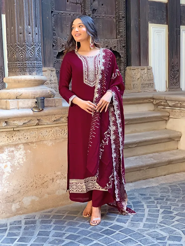 Maroon_Embroide_Viscose_Fabric_Straight_Kurta_Pant_And_Dupatta_Set