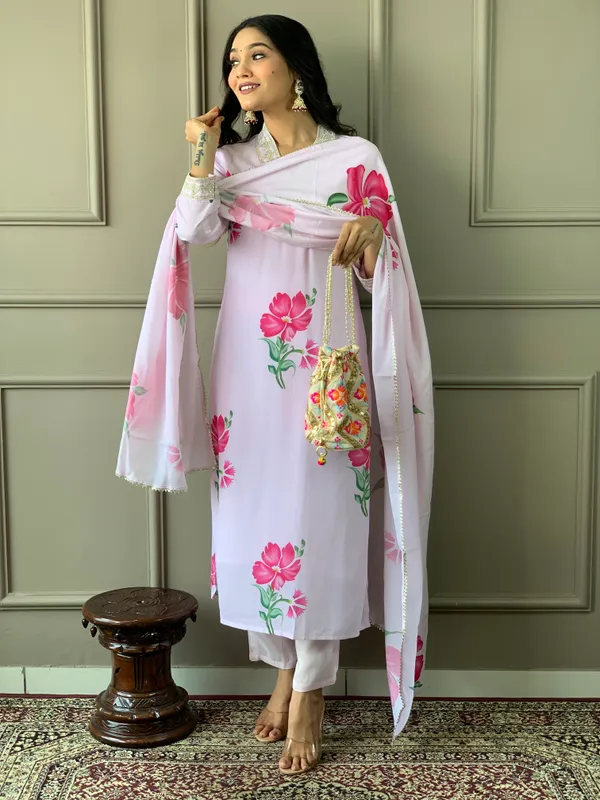 Lavender_French_Crepe_Fabric_Printed_Kurta_Set_For_Women