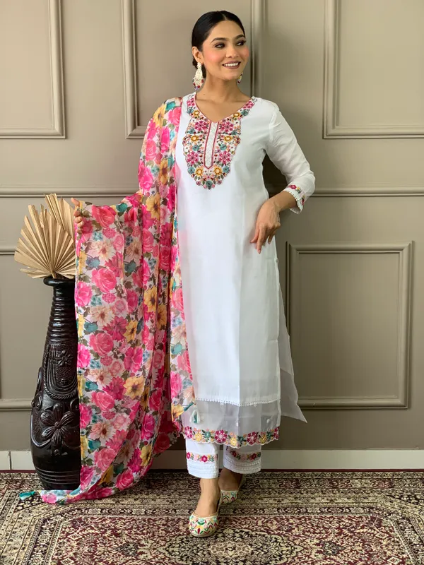 White_Woven_Embroidery_Chanderi_Straight_Kurta_Pant_And_Dupatta_Set_For_Women