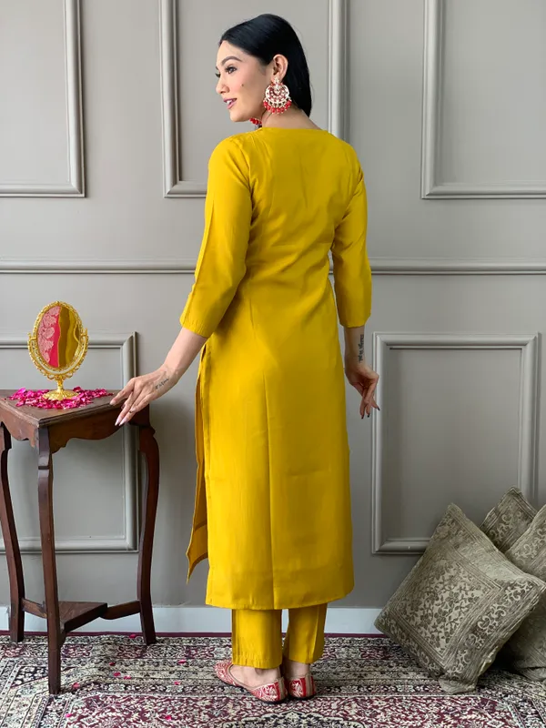 Mustard_Embroide_Chanderi_Fabric_Straight_Kurta_Pant_And_Dupatta_Set