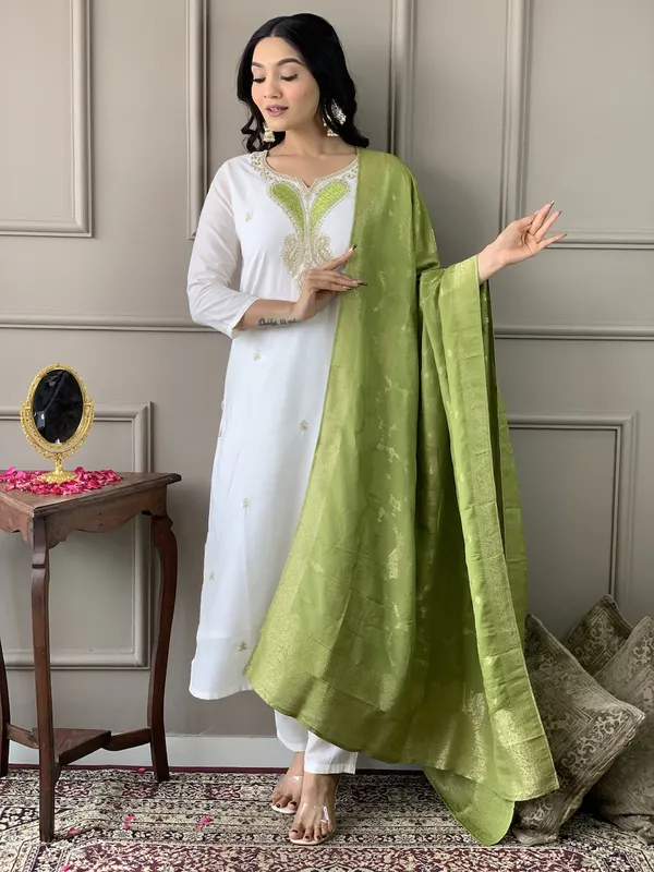 White_Embroide_Viscose_Blend_Fabric_Straight_Kurta_Pant_And_Dupatta_Set