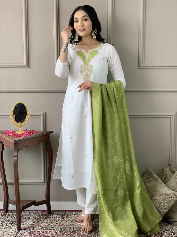 White_Embroide_Viscose_Blend_Fabric_Straight_Kurta_Pant_And_Dupatta_Set
