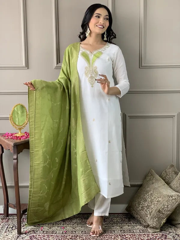 White_Embroide_Viscose_Blend_Fabric_Straight_Kurta_Pant_And_Dupatta_Set