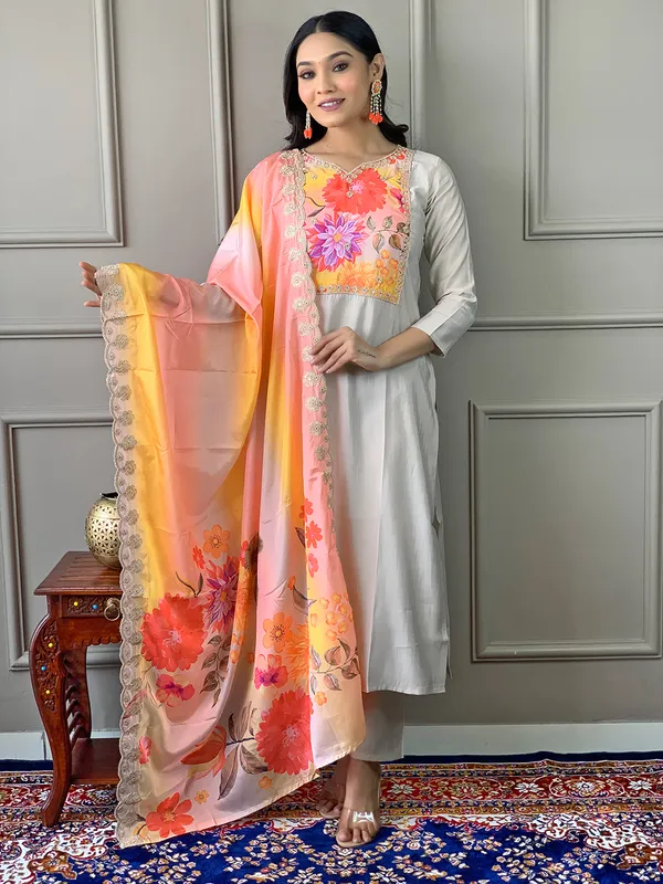 Cream_Floral_Chanderi_Fabric_Straight_Kurta_Pant_And_Dupatta_Set