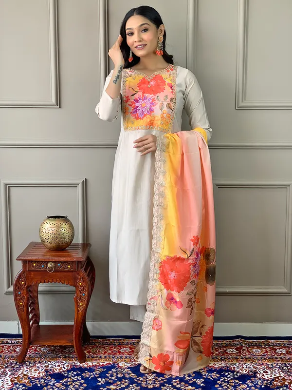 Cream_Floral_Chanderi_Fabric_Straight_Kurta_Pant_And_Dupatta_Set