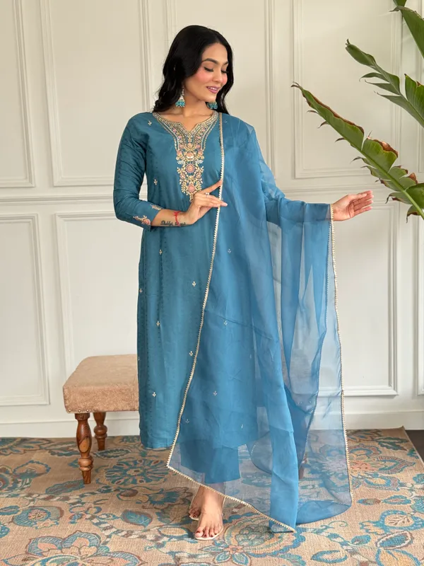 Blue_Embroide_Viscose_Blend_Fabric_Straight_Kurta_Pant_And_Dupatta_Set