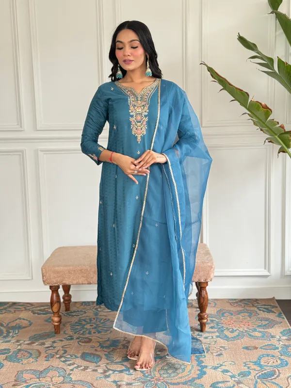 Blue_Embroide_Viscose_Blend_Fabric_Straight_Kurta_Pant_And_Dupatta_Set