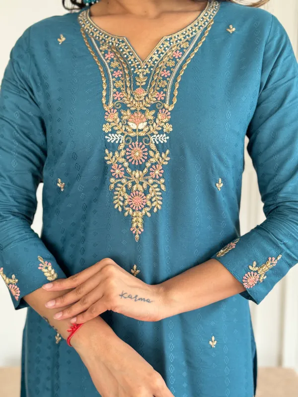 Blue_Embroide_Viscose_Blend_Fabric_Straight_Kurta_Pant_And_Dupatta_Set