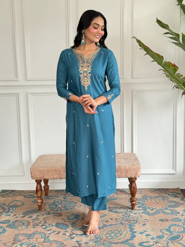 Blue_Embroide_Viscose_Blend_Fabric_Straight_Kurta_Pant_And_Dupatta_Set