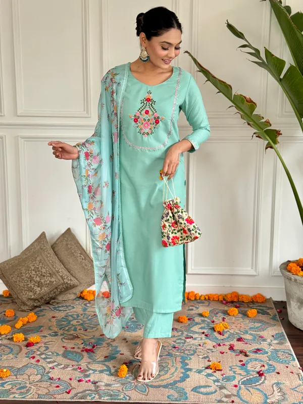 Blue_Thread_Work_Fabric_Straight_Kurta_Pant_And_Dupatta_Set