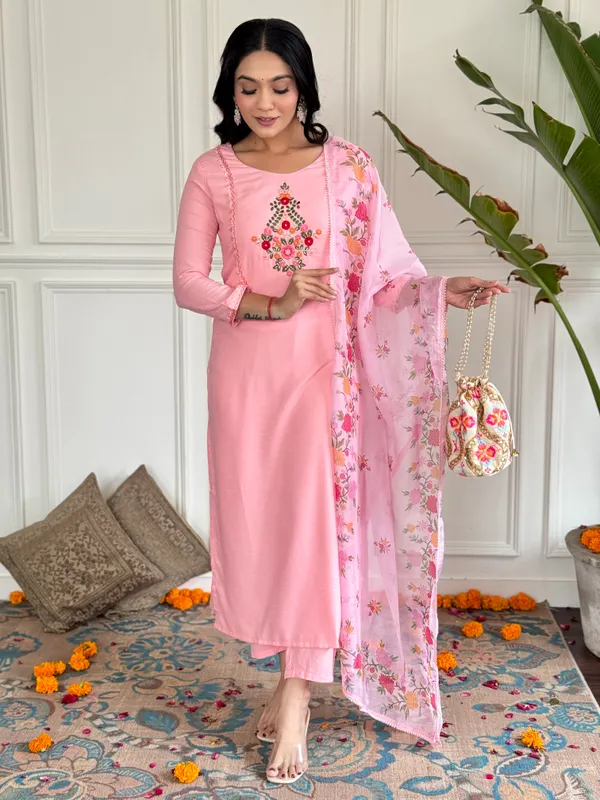 Peach_Thread_Work_Fabric_Straight_Kurta_Pant_And_Dupatta_Set