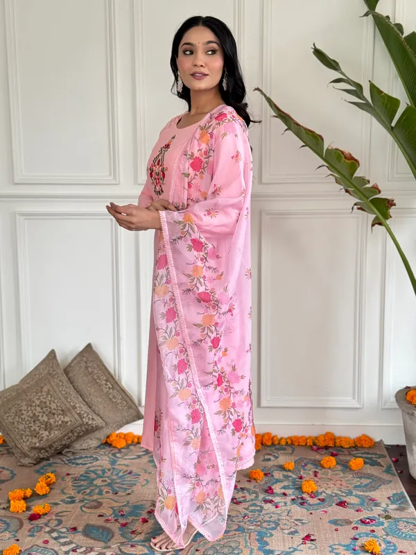 Peach_Thread_Work_Fabric_Straight_Kurta_Pant_And_Dupatta_Set