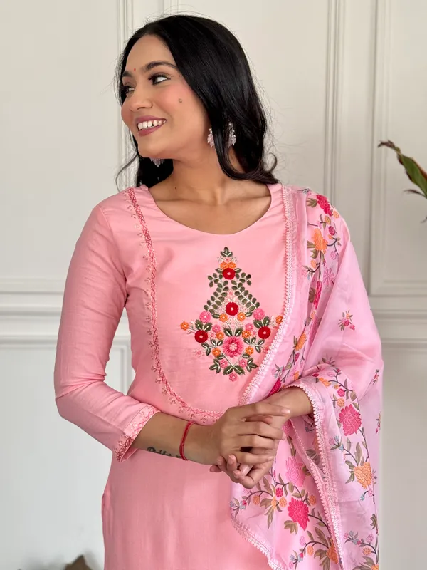 Peach_Thread_Work_Fabric_Straight_Kurta_Pant_And_Dupatta_Set