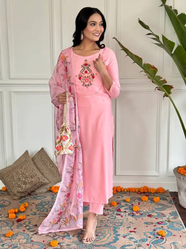 Peach_Thread_Work_Fabric_Straight_Kurta_Pant_And_Dupatta_Set