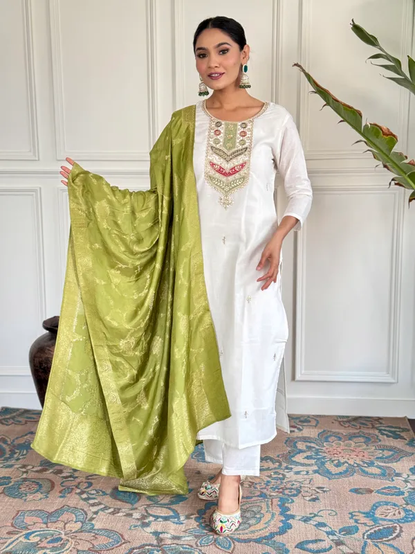 White_Embroide_Viscose_Blend_Fabric_Straight_Kurta_Pant_And_Dupatta_Set