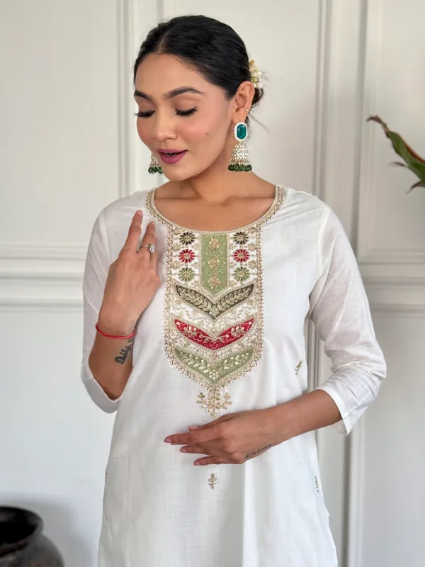 White_Embroide_Viscose_Blend_Fabric_Straight_Kurta_Pant_And_Dupatta_Set
