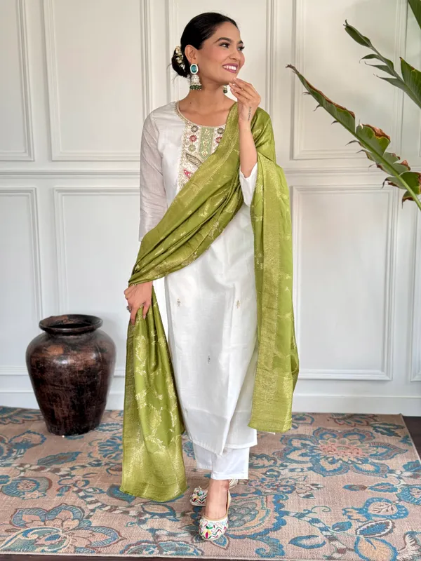 White_Embroide_Viscose_Blend_Fabric_Straight_Kurta_Pant_And_Dupatta_Set