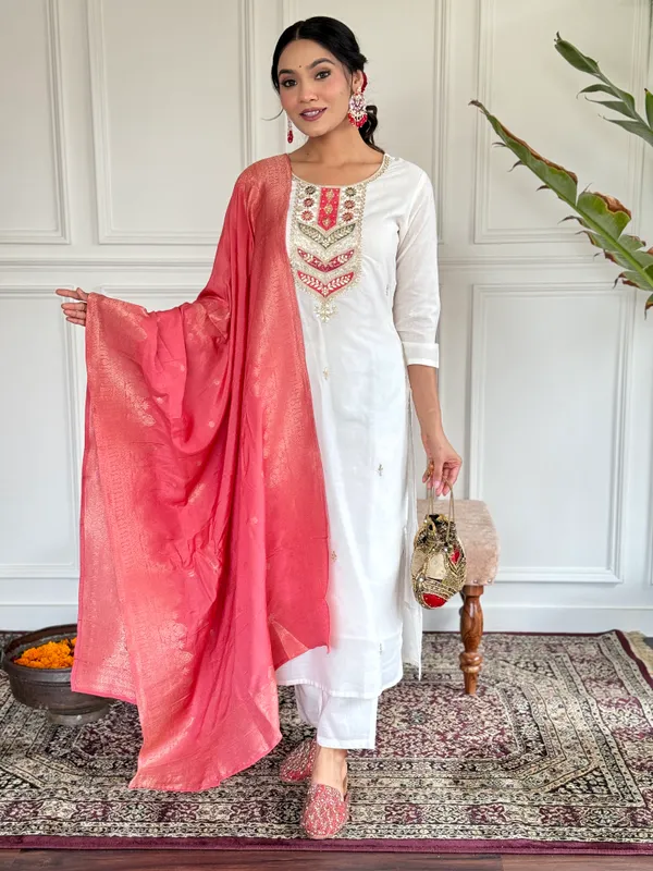 White_Embroide_Viscose_Blend_Fabric_Straight_Kurta_Pant_And_Dupatta_Set
