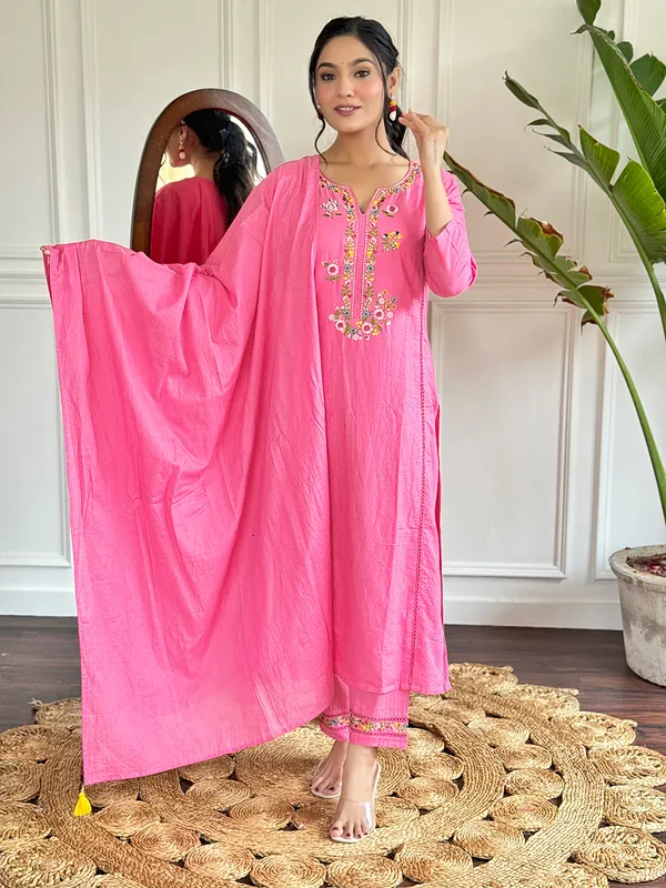 Pink_Thread_Work_Viscose_Fabric_Straight_Kurta_Pant_And_Dupatta_Set