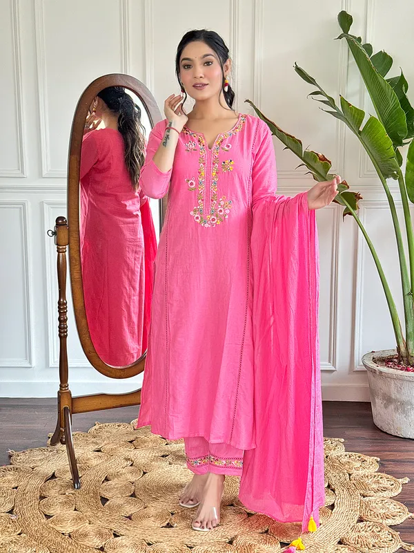 Pink_Thread_Work_Viscose_Fabric_Straight_Kurta_Pant_And_Dupatta_Set