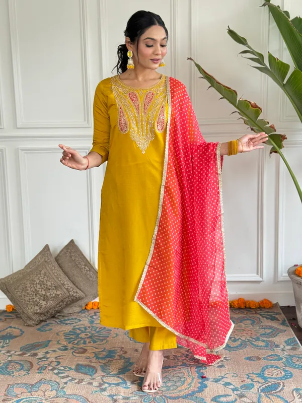 Mustard_Embroide_Chanderi_Fabric_Straight_Kurta_Pant_And_Dupatta_Set