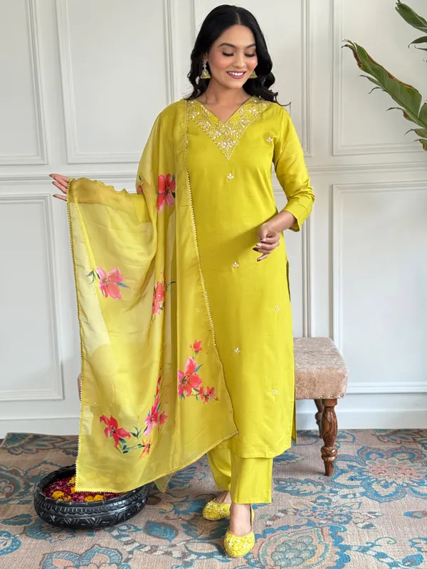 Yellow_Embroide_Slub_Fabric_Straight_Kurta_Pant_And_Dupatta_Set
