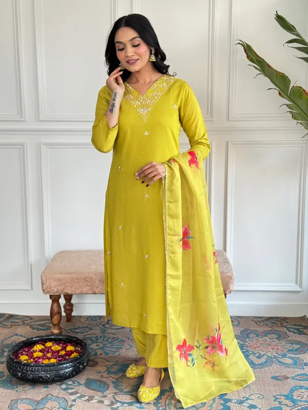 Yellow_Embroide_Slub_Fabric_Straight_Kurta_Pant_And_Dupatta_Set