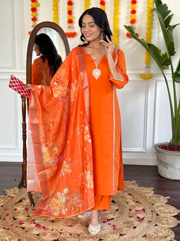 Orange_Viscose_Chanderi_Embroidery_Straight_Kurta_Pant_And_Dupatta_Set_For_Women