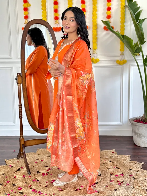 Orange_Viscose_Chanderi_Embroidery_Straight_Kurta_Pant_And_Dupatta_Set_For_Women