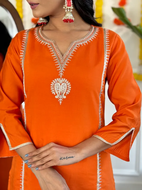 Orange_Viscose_Chanderi_Embroidery_Straight_Kurta_Pant_And_Dupatta_Set_For_Women