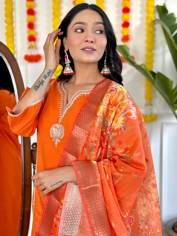 Orange_Viscose_Chanderi_Embroidery_Straight_Kurta_Pant_And_Dupatta_Set_For_Women