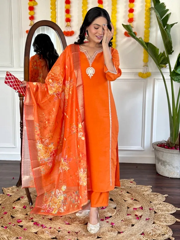 Orange_Viscose_Chanderi_Embroidery_Straight_Kurta_Pant_And_Dupatta_Set_For_Women