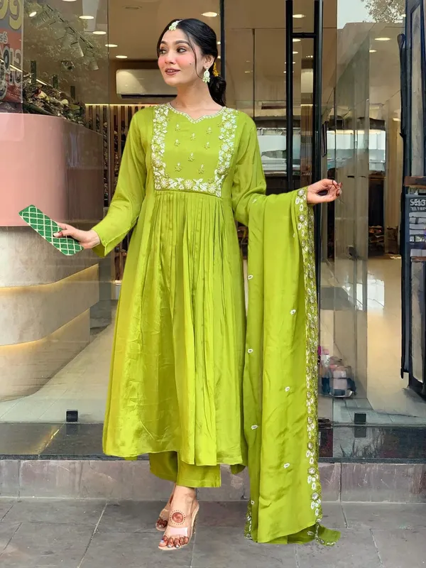 Lime_Green_Embroide_Chinon_Fabric_Straight_Kurta_Pant_And_Dupatta_Set