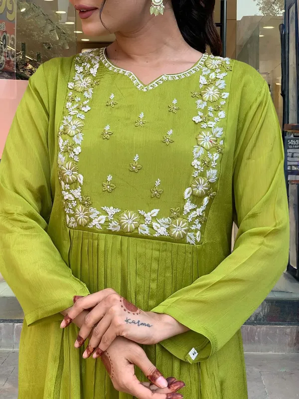 Lime_Green_Embroide_Chinon_Fabric_Straight_Kurta_Pant_And_Dupatta_Set