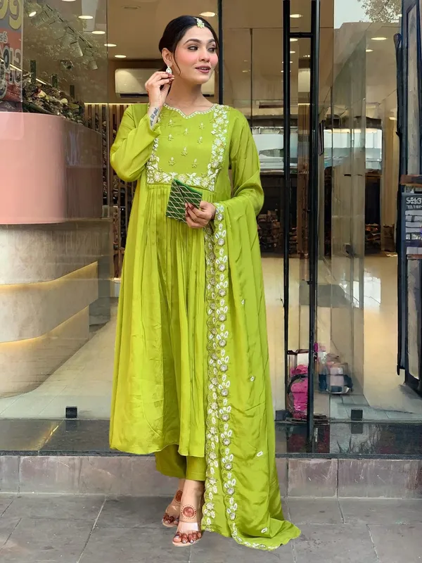 Lime_Green_Embroide_Chinon_Fabric_Straight_Kurta_Pant_And_Dupatta_Set