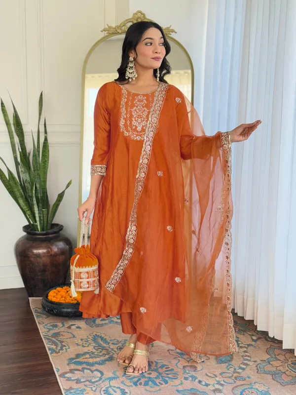Orange_Embroide_Vichitra_Silk_Fabric_Straight_Kurta_Pant_And_Dupatta_Set