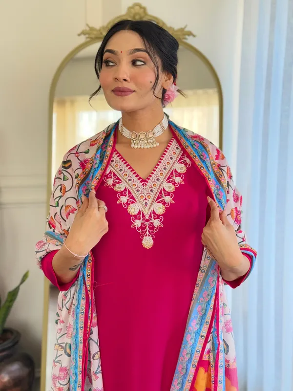 Red_Thread_Work_Fabric_Straight_Kurta_Pant_And_Dupatta_Set