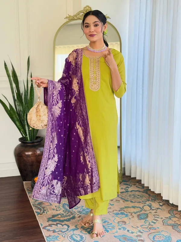 Lime_Green_Ish_Embroide_Viscose_Fabric_Straight_Kurta_Pant_And_Dupatta_Set