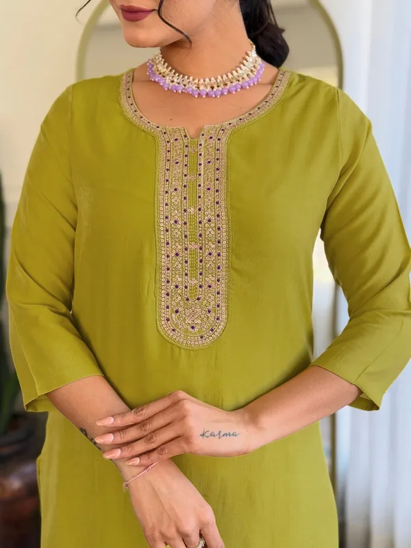 Lime_Green_Ish_Embroide_Viscose_Fabric_Straight_Kurta_Pant_And_Dupatta_Set