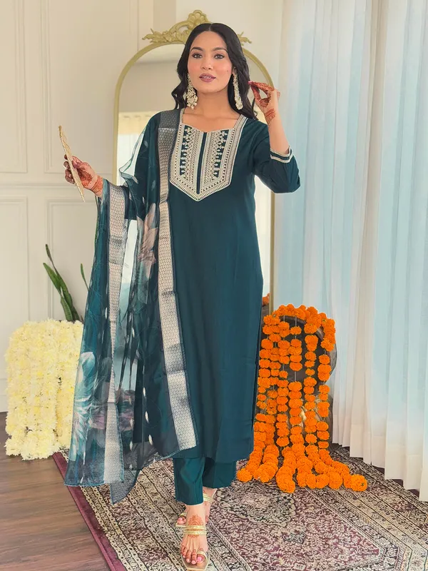 Teal_Viscose_Embroidery_Straight_Kurta_Pant_And_Dupatta_Set_For_Women