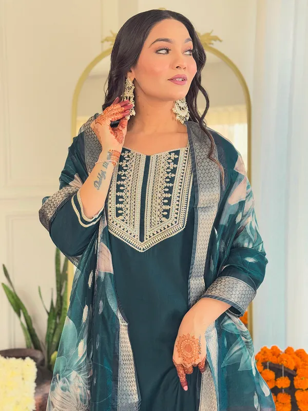 Teal_Viscose_Embroidery_Straight_Kurta_Pant_And_Dupatta_Set_For_Women