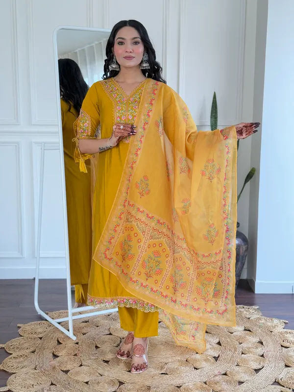 Mustard_Cotton_Viscose_Beautiful_Thread_Work_Kurta_Pant_And_Dupatta_Set_For_Women