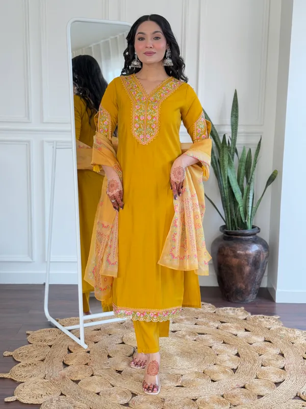 Mustard_Cotton_Viscose_Beautiful_Thread_Work_Kurta_Pant_And_Dupatta_Set_For_Women
