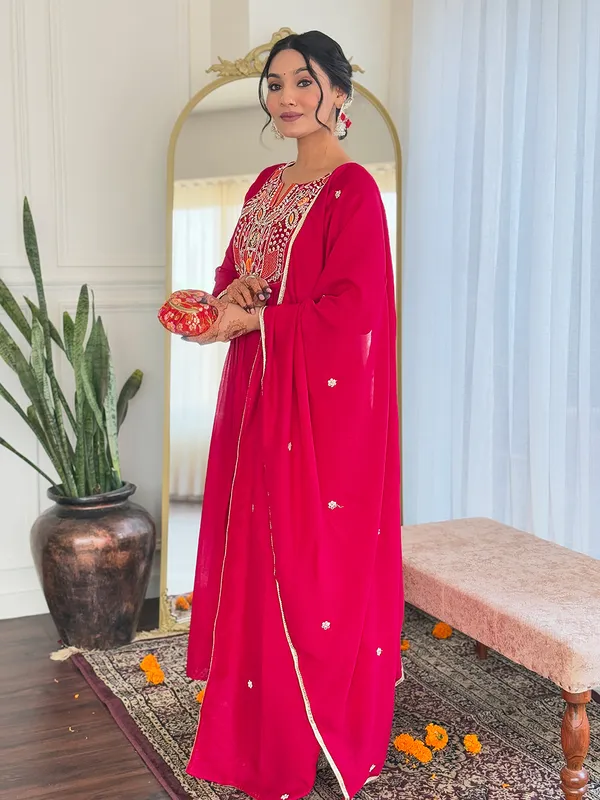 Red_Thread_Work_Vichitra_Silk_Fabric_Straight_Kurta_Pant_And_Dupatta_Set