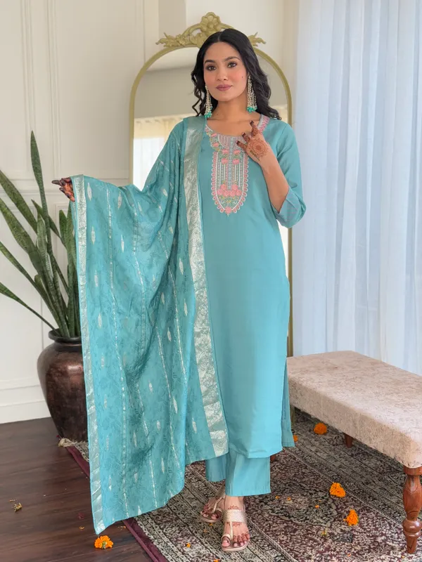 Sky_Blue_Thread_Work_Chanderi_Fabric_Straight_Kurta_Pant_And_Dupatta_Set